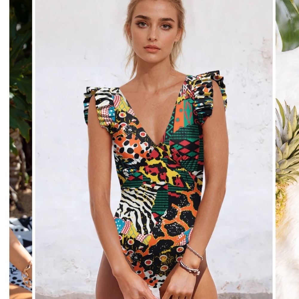Averie Harlow Plunge One Piece Swimsuit large boho vacation tropical coastal